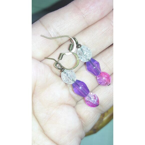 boho earrings 357#mfs Purple pink pastel earrings crackle glass bead linear cute - Picture 3 of 5
